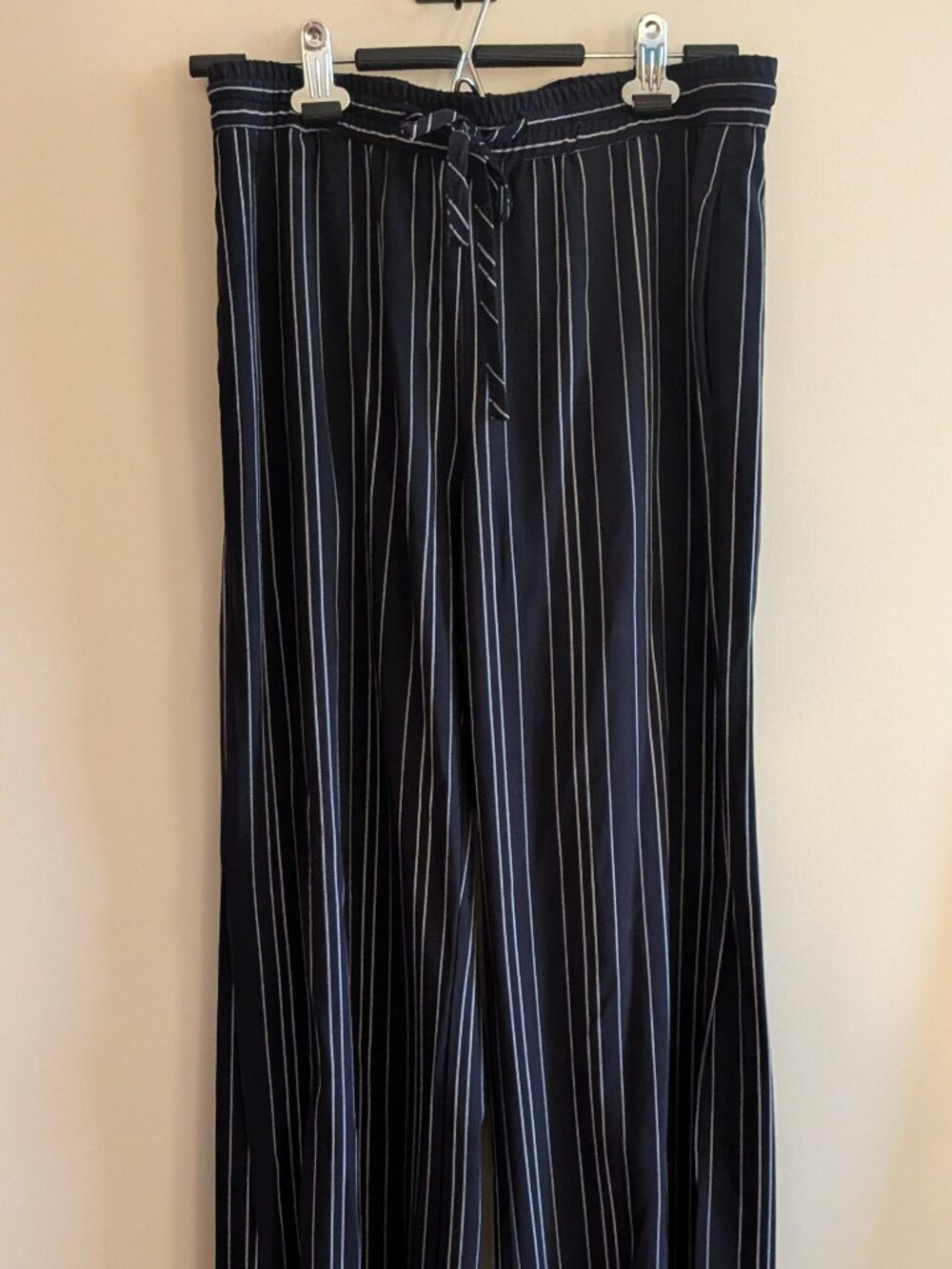 Black Tape_ Wide Leg Pants, Navy with White Pin Stripes, Size M